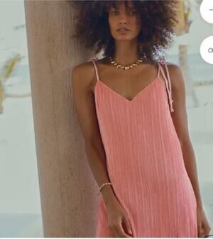 DANNIJO Pleated Mini Dress Small Pink Slip Dress Plisse Satin Coquette Feminine‎